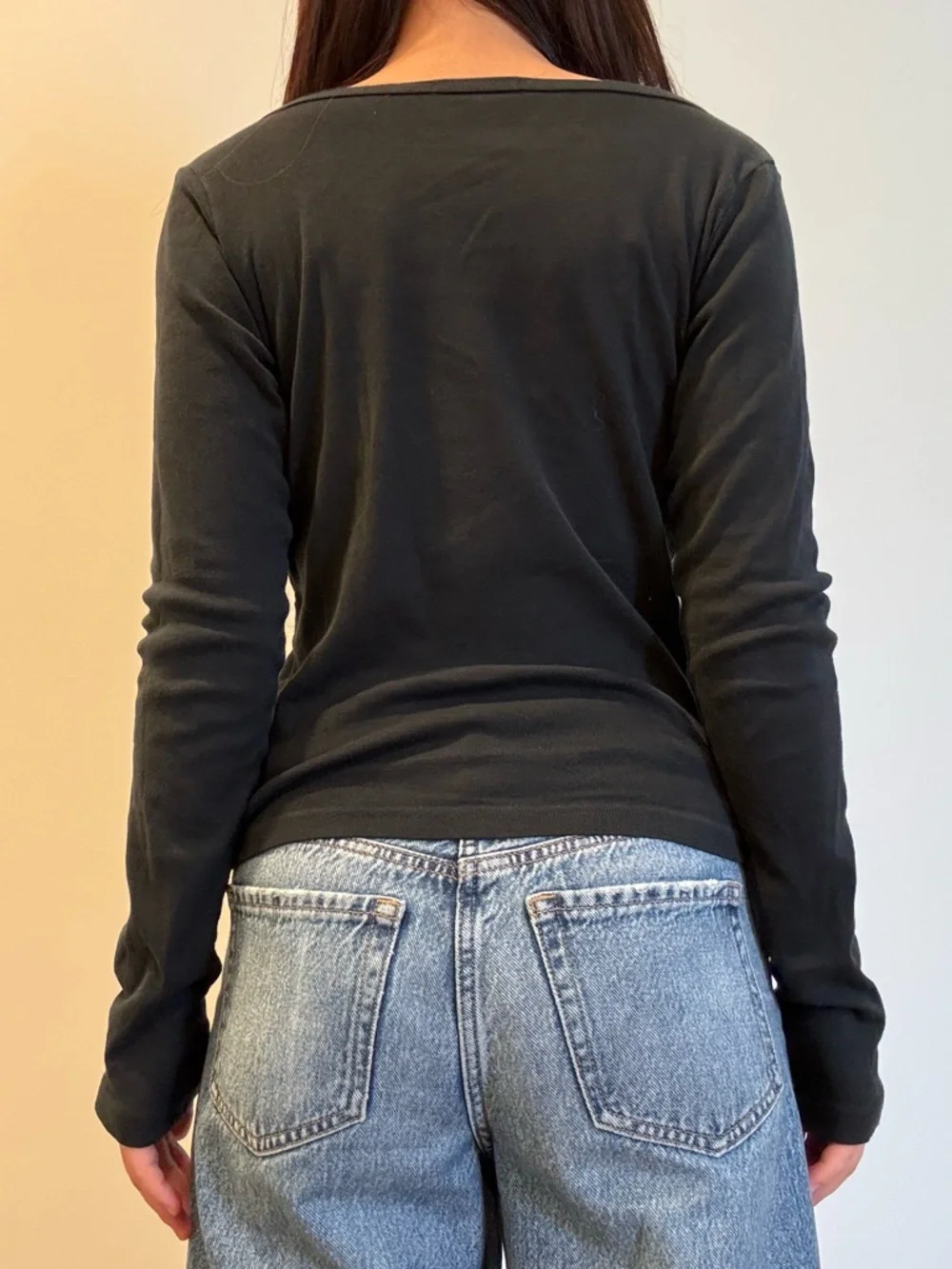 Brandy Melville Off the Shoudler Black Long-Sleeve Henley Button Top - Women's - Picture 2 of 3